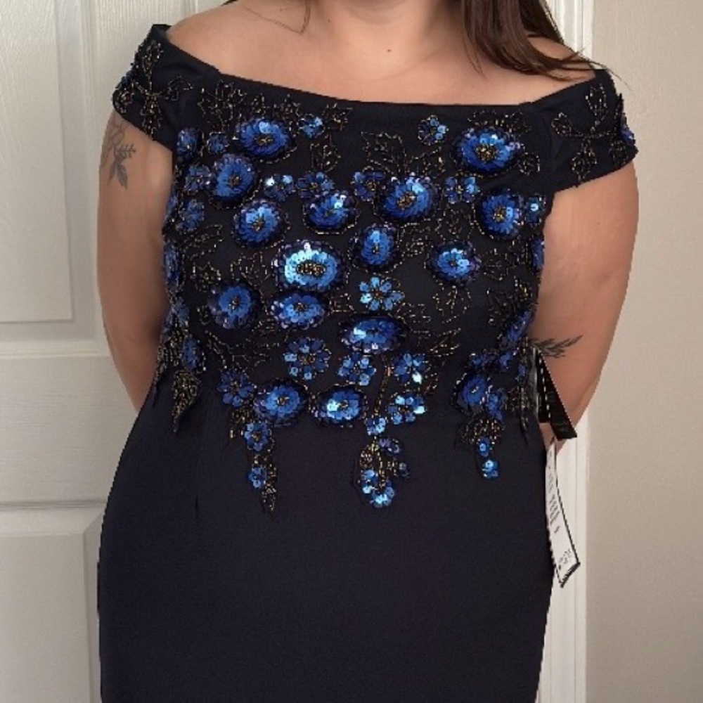 Adrianna Papell Off-Shoulder Black and Blue Floral Dress